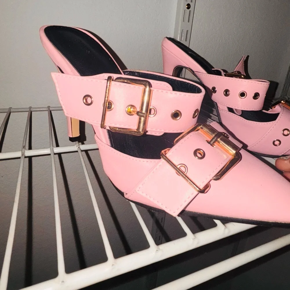 Pink High Heel Mules with Gold Buckles - Picture 2 of 6
